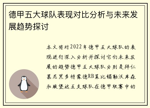 德甲五大球队表现对比分析与未来发展趋势探讨