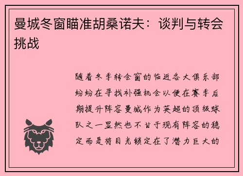 曼城冬窗瞄准胡桑诺夫：谈判与转会挑战