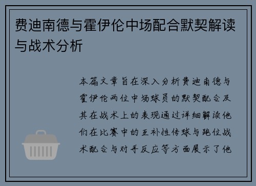 费迪南德与霍伊伦中场配合默契解读与战术分析